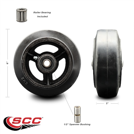 Service Caster SCC - 6" Rubber on Cast Iron Wheel Only w/Roller Bearing-1/2" Bore-500 lbs Cpty SCC-RSR620